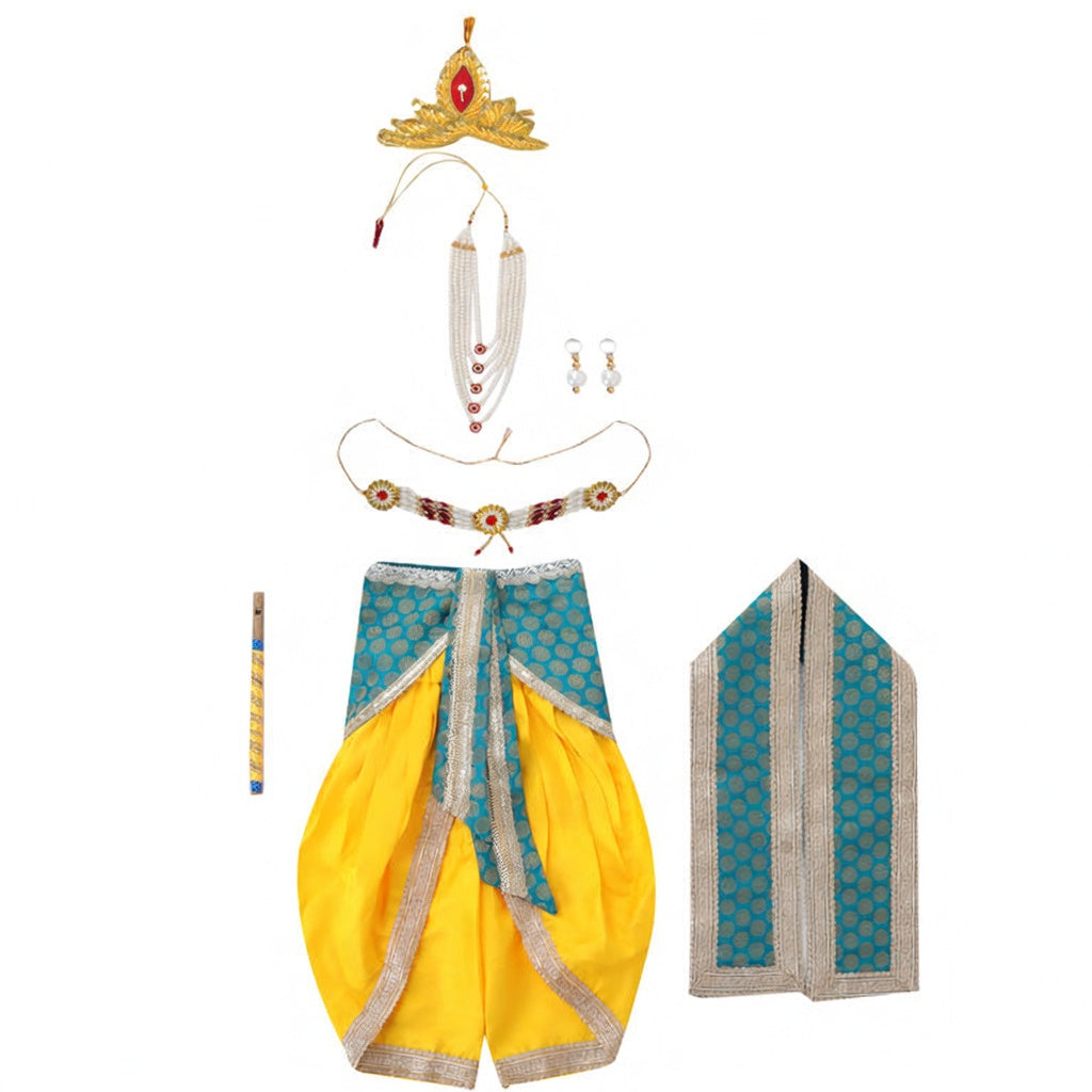 Krishna Costume for Kids - Teal Green Patka & Yellow Dhoti - accessories set